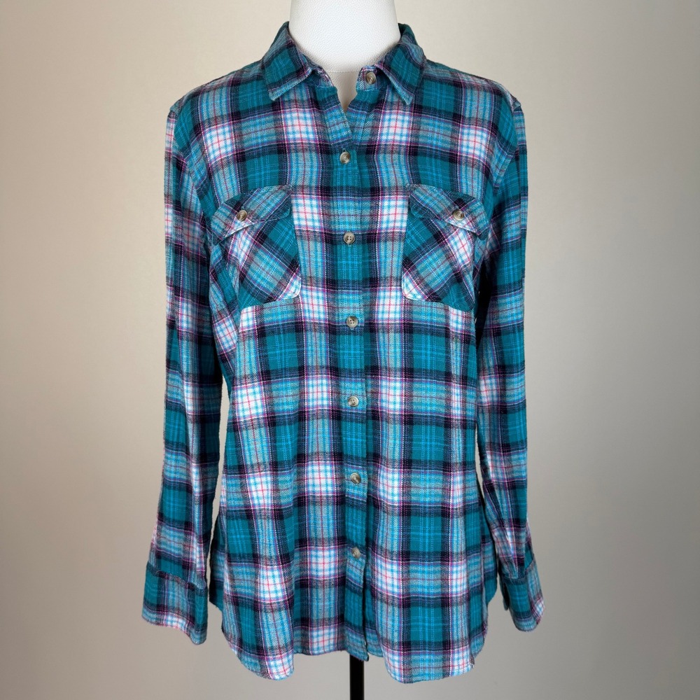 Eddie Bauer Teal Plaid 100% Cotton Flannel Button Up Shirt Womens XL Cabincore